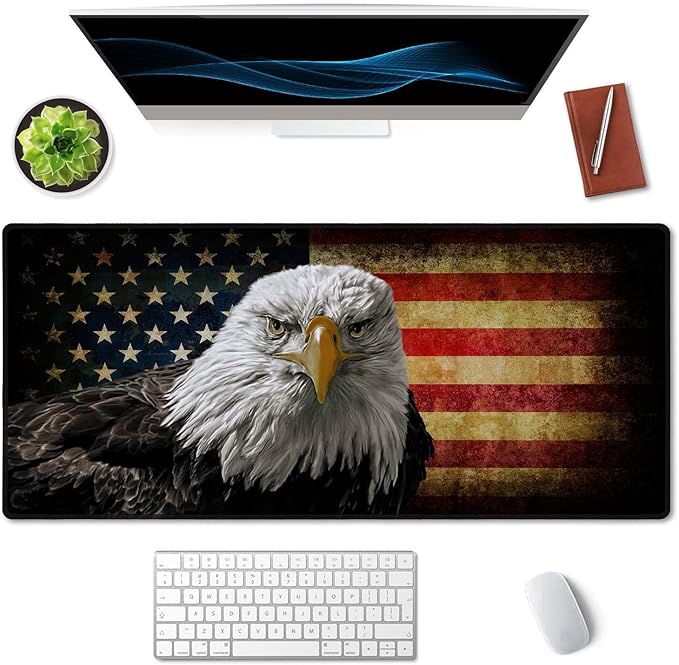 SSOIU Extended Gaming Mouse Pad - Non-Slip Water-Resistant Rubber Base Computer Keyboard Mouse Mat, 35.5x15.7-inch XX-Large Desk Mat, Ideal Partner for Work & Game, American Bald Eagle on Grunge Flag