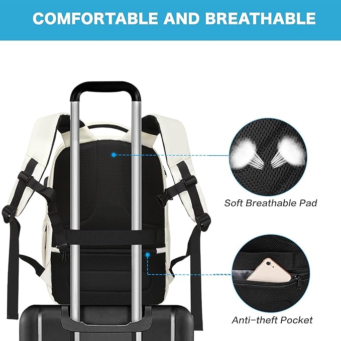 MOSISO 15.6-16 inch 35L Laptop Backpack with USB Charging Port for Women Men, Waterproof Hardshell Travel Business Computer Bag, Anti-Theft Daypack with Luggage Strap, Beige