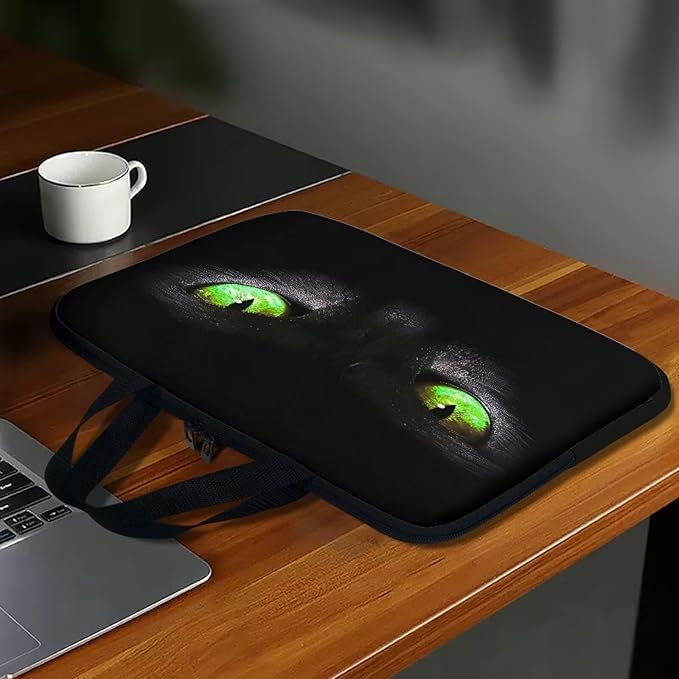 12 Inch Laptop Sleeve, Black Cat Green Eyes Laptop Cover Computer Bag Tablet Carrying Case with Handle, Funny Printed Notebook Case Handbag Briefcase Shoulder Bag for Office/School