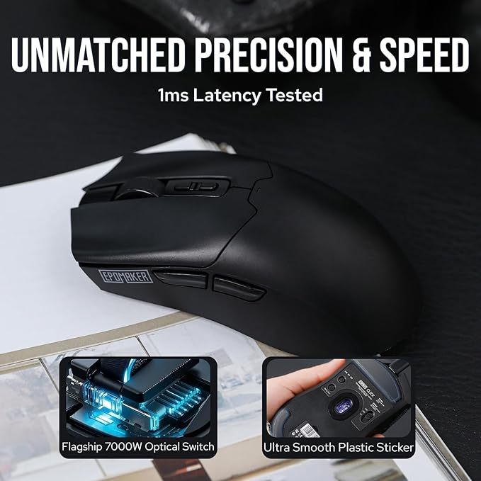EPOMAKER Click Gaming Mouse Wireless 2.4Ghz/BT/Type-C, 800 to 42,000 DPI Adjustable, 8K Polling Rate, 500mAh, Lightweight Optical Mouse, for PC/Mac/Linux (Black)