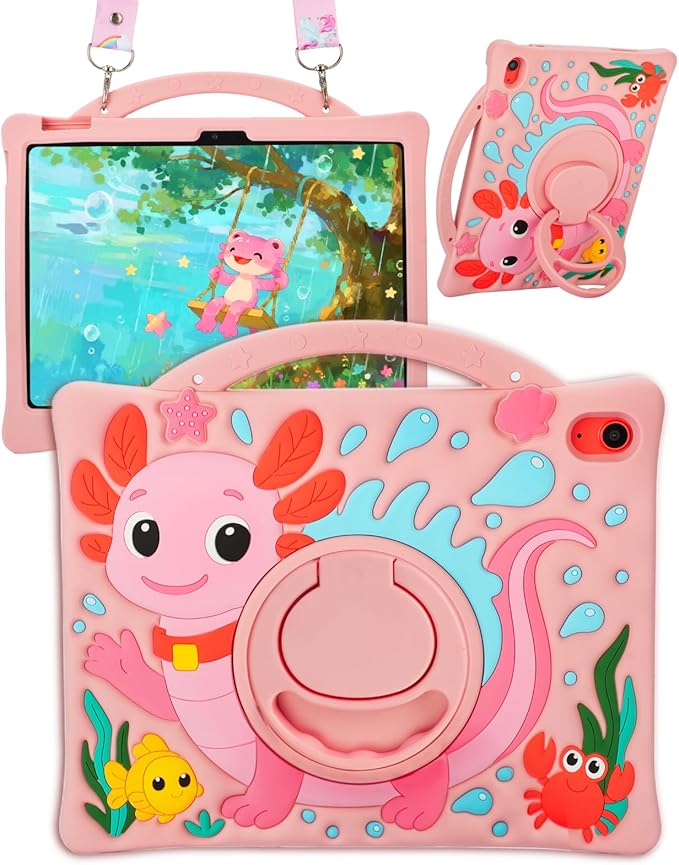 Kids Case for iPad Air 11 Inch 6th (M2 M3) / iPad Pro 11" 4th/3rd/2nd/1st / iPad Air 5/4 10.9", Axolotl Cute Silicone Cover with 360 Rotating Stand, Detachable Strap & Stylus Holder (Pink)