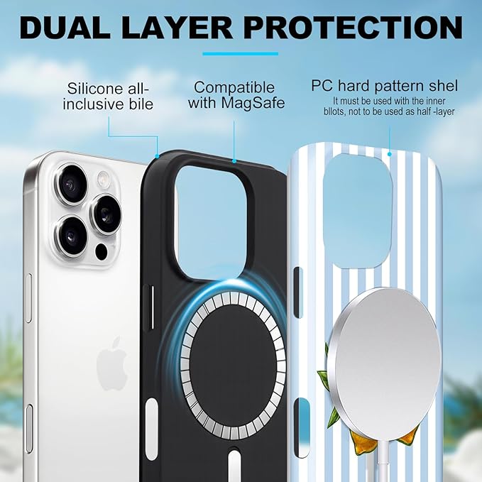 Magnetic for iPhone 13/14 Case Cute Lemon Stripes Phone Case, Shockproof Slim TPU and Hard PC Protective Phone Cover Compatible with MagSafe Designed for Women Girls, Blue
