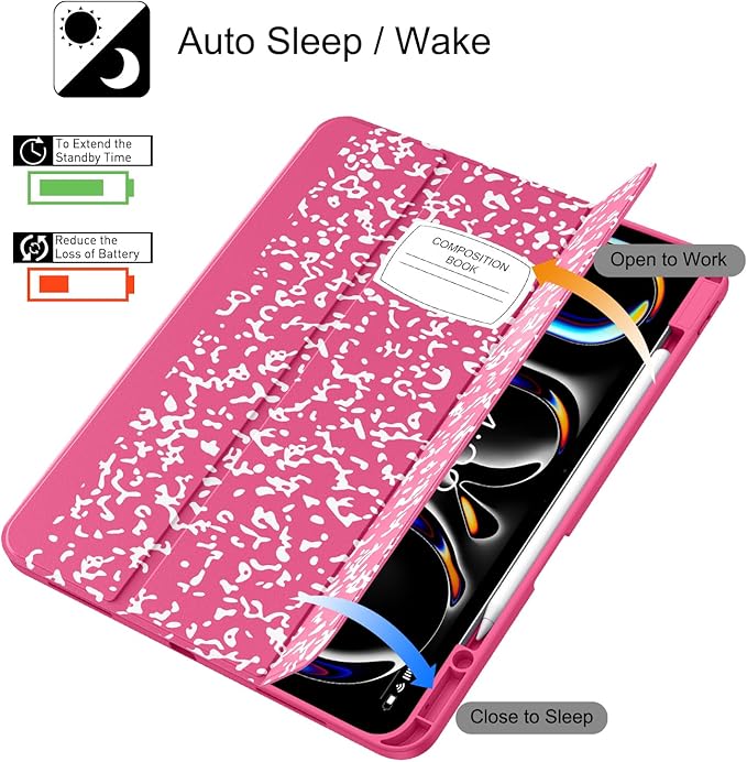 Soke Case for New iPad Pro 13 Inch (M5/M4, 2025/2024 Release), with Pencil Holder Trifold Stand Shockproof [Support Apple Pencil Charging + Auto Wake/Sleep], Soft TPU Back Cover, Book Hot Pink