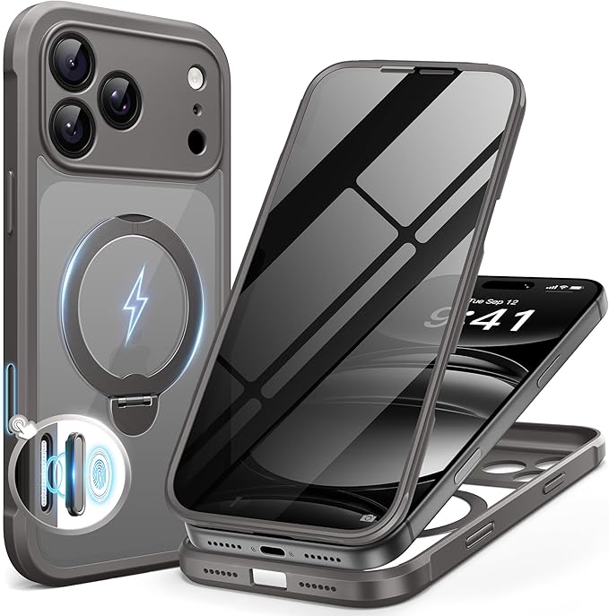BERFY for iPhone 17 Pro Max Case, Compatible with MagSafe, Built in Privacy Screen Protector, Shockproof Full Body Phone Case for 17 Pro Max with Magnetic Stand, Clear Grey