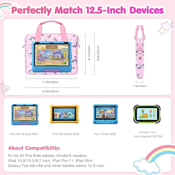 MoKo 10-12.5 Inch Kids Tablet Sleeve Carrying Case for Fire HD 10 13th/11th Gen, Fire HD 8/7 Kids 2022, Tablet Bag with Shoulder Strap for 10/10.1 Inch Android 12/13, Pink Unicorn