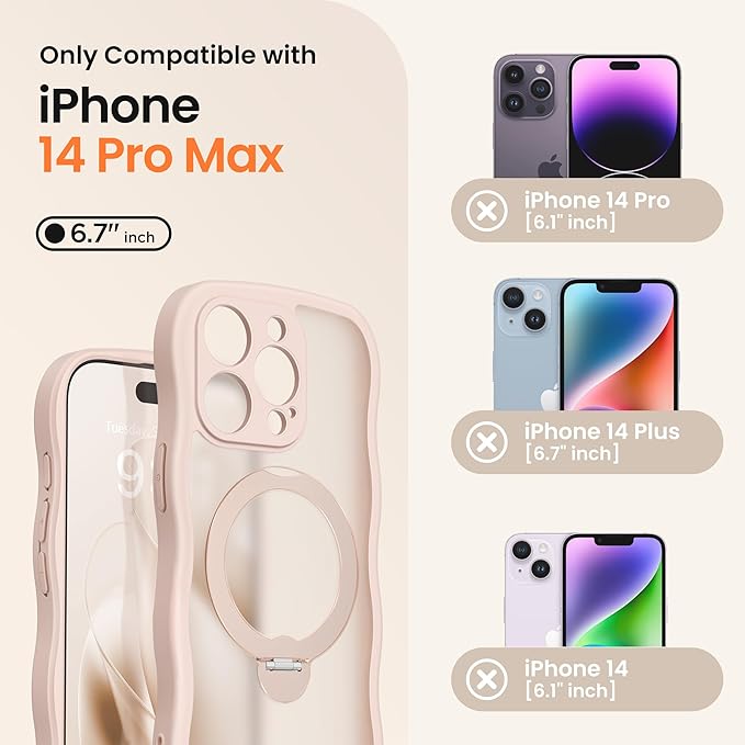 CAPRARO for iPhone 14 Pro Max Case with 360° Spin Magnetic Stand for Women, [Compatible with MagSafe] [Full Camera Protection] Cute Wave Translucent Matte Case for iPhone 14 Pro Max, Rose Gold