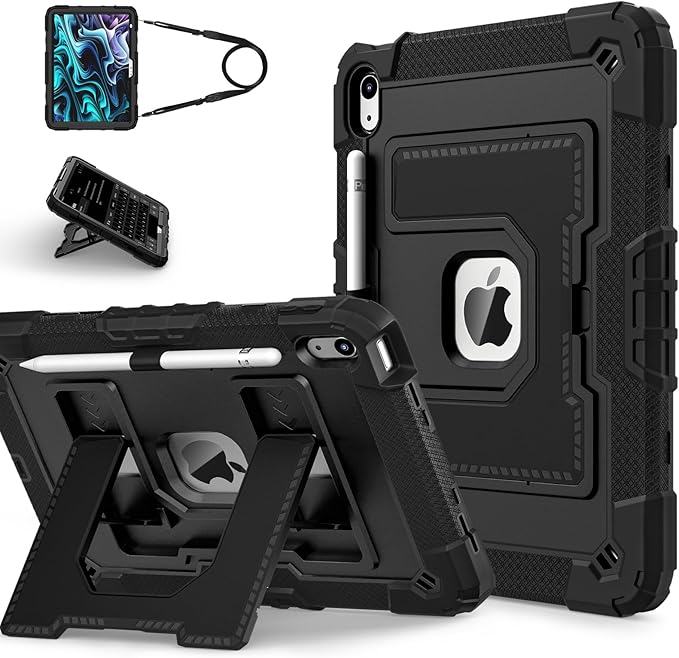 Kids Friendly Case for iPad A16 11th Generation 11 Inch 2025 / iPad 10th Generation 10.9" 2022 Case with Pencil Holder & Shoulder Strap, Hybrid iPad 11 10 Cover Rugged Shockproof Kickstand,Black