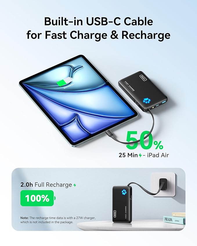 INIU Portable Charger with Flashlight, 45W Fast Charging Tablet Power Bank with USB C Cable, 10000mAh Powerbank, Battery Pack for iPhone 17 16, iPad, Samsung S25 etc Travel Essential, Emergency Light