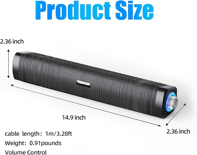 Uakinat USB Computer Speakers,Computer Speakers with 3.5 mm aux,Wired USB Powered & Colorful LED Lights with Switch Button,Surround Sound Portable SoundBar for Monitor Laptop Phone(Black)