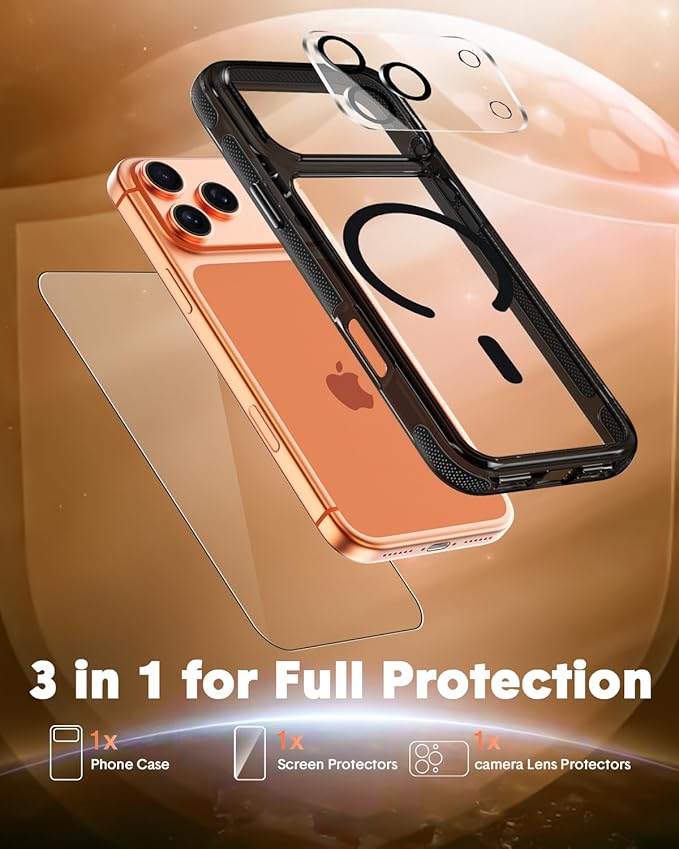 3-in-1 for iPhone 17 Pro Max Case with Screen Protector & Camera Cover, N52 Magnetic Phone Case Compatible with MagSafe, Non-Slip Matte Smoky Black Bumper with Clear Back, Anti-Scratch Protective Kit