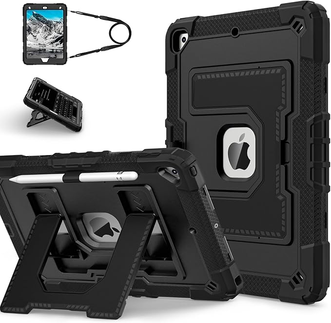 Kids Friendly Case for Apple iPad 10.2" 9th 8th 7th Generation 2021/2020/2019 Case with Pencil Holder & Shoulder Strap, Military Grade Shockproof Kickstand Hard Shell Protective Cover,Black