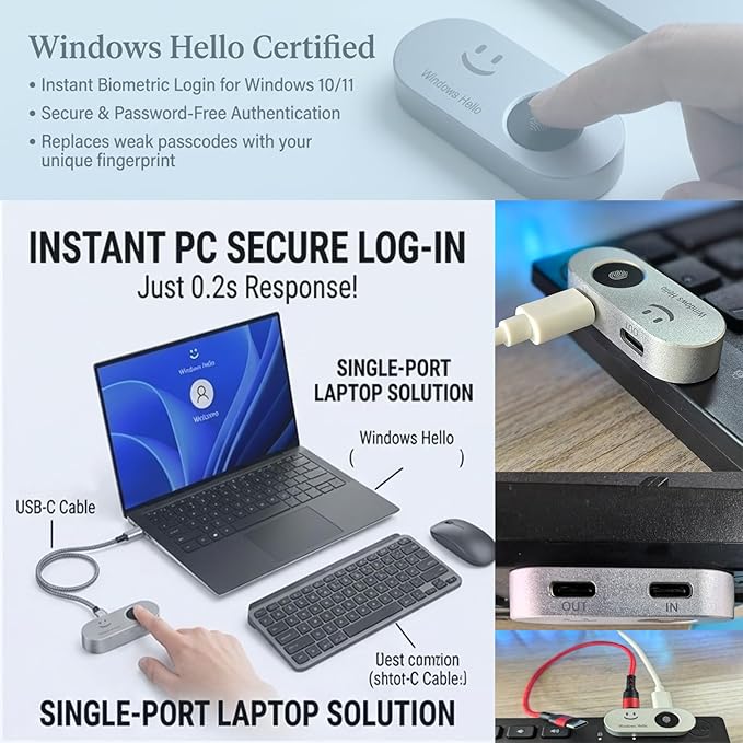 Portable USB Fingerprint Reader for Windows 10/11 PC and Laptops, Windows Hello Biometric Scanner, 360° Touch, Fast Login (<1 Second), Type-C Fingerprint Reader with Security Key.