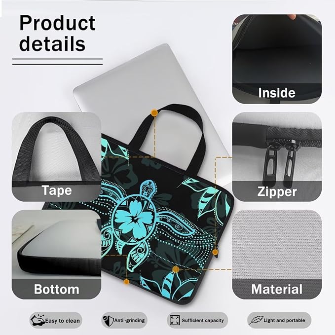 Polynesian Tribal Laptop Sleeve Case 13 Inch Laptop Cover Protective Case Portable Computer Carrying Bag Compatible with 10-17 Inch Shockproof Padded Laptop Case, Black & Green