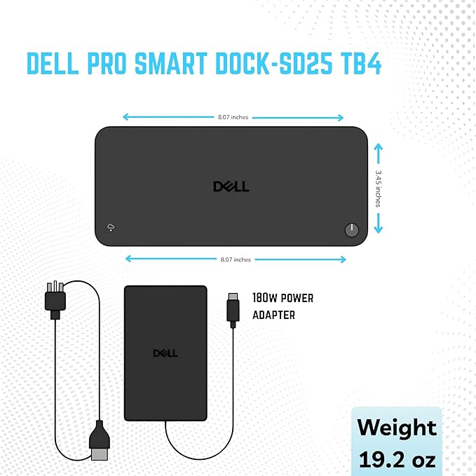 Dell SD25TB4 Pro Thunderbolt 4 Smart Dock - Supports 8k Display, with 180W, HDMI, DisplayPort, Thunderbolt Cable, Cleaning Cloth - USB C Docking Station Hub with Accessories