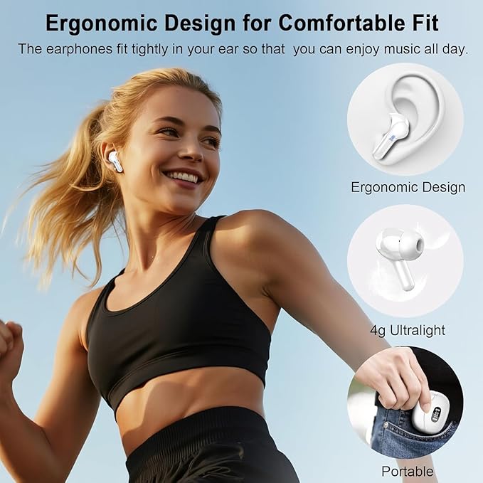 Wireless Earbuds, Bluetooth Headphones 5.4 HiFi Stereo, Ear Buds with 4 ENC Noise Cancelling Mics, 48H Bluetooth Earbuds with Dual LED Display, IP7 Waterproof in Ear Earphones for Android iOS, White