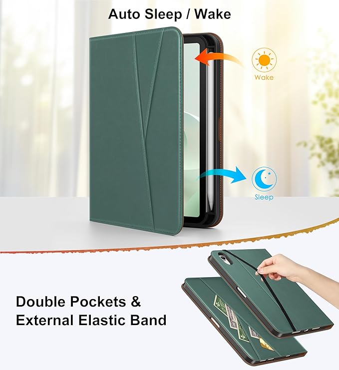 DTTO for iPad mini 7 (A17 Pro) Case, iPad mini 7th / 6th Generation Case (2024/2021), 360 Degree Rotating Premium Leather Folio Stand Cover with Pencil Holder, Midnight Green