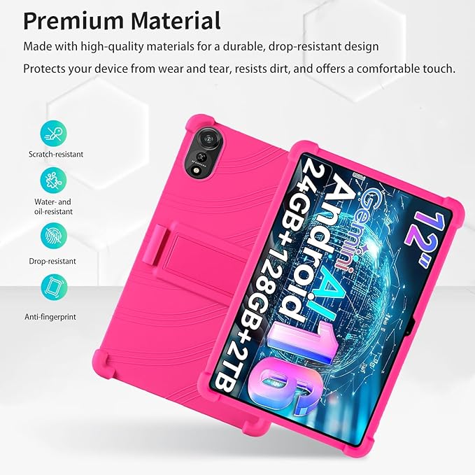 for Nexall N90 Tablet Case 12Inch, Shockproof Four Corner Airbag Protection,Soft Silicone Edge Cover with Built-in Stand,Heavy Duty Protective Sleeve for Nexall N90,Rose Red