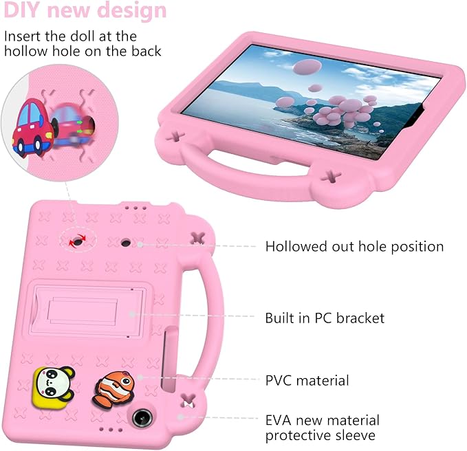 AKABEILA Compatible with Lenovo Tab One 2025 8.7 inch Tablet Case, Kids Friendly Universal Lightweight Shockproof Protective Case with Shoulder Strap & Stand Handle Pink