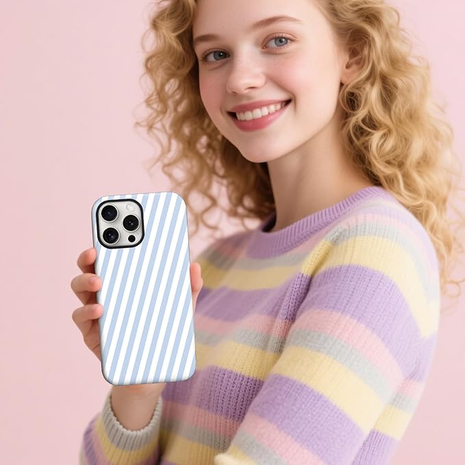 Magnetic for iPhone 15 Pro Case Cute Diagonal Stripes Phone Case, Shockproof Slim TPU and Hard PC Protective Phone Cover Compatible with MagSafe Designed for Women Girls,Blue