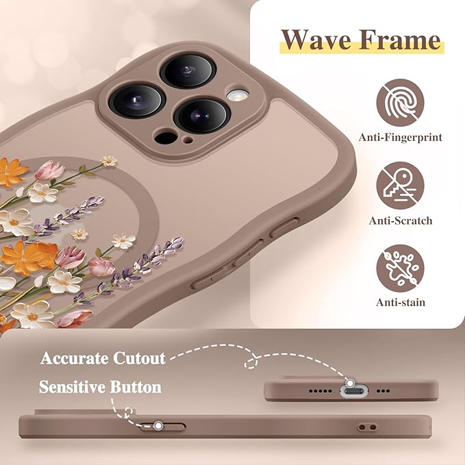 GVIEWIN for iPhone 15 Pro Case Compatible with MagSafe [Curly Wave Edge][Full Camera Protection] Floral Translucent Shockproof Magnetic Women Phone Case for iPhone 15 Pro 6.1'', Primrose/Brown