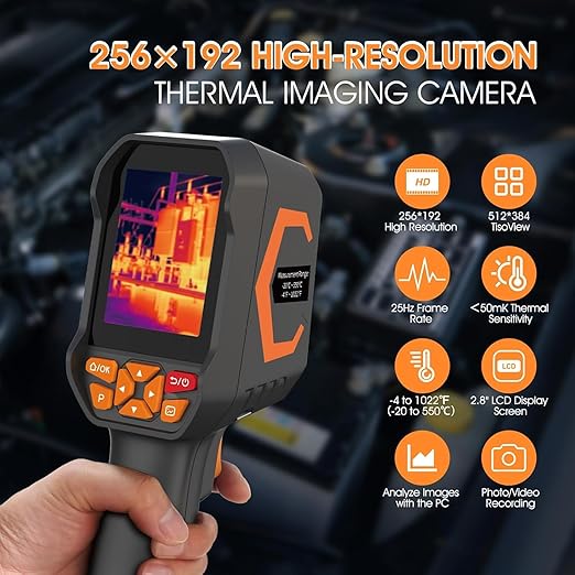 Thermal Imaging Camera 256 x 192 IR Resolution,512 x 384 Super Resolution Therma Camera,8 GB Storage & Video Recording, 1080P Visual Light Camera Handheld Infrared Thermal Imager with PC Analysis