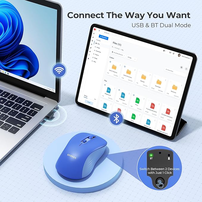 seenda Bluetooth Wireless Mouse, Bluetooth & 2.4G USB Dual Mode, Quiet Clicks, 1600 DPI Smooth Tracking, Ergonomic Design, 24-Months Battery Life, Portable Mouse for Laptop/Mac/Ipad/PC/Tablet-Blue