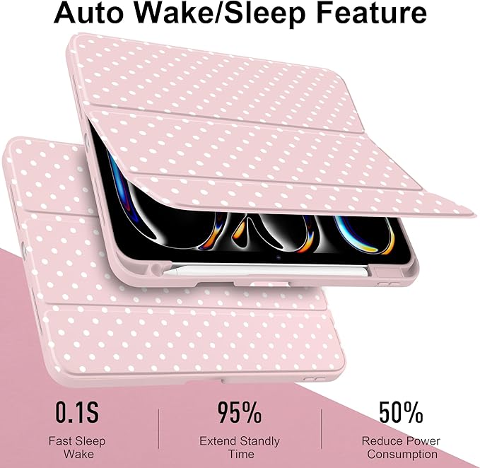 Case for iPad Pro 11 Inch (M5 2025 M4 2024) – [Built-in Pencil Holder], Shockproof & Stylish, Clear Hard Back + Soft TPU Edge, Magnetic Trifold Stand, Auto Wake/Sleep, Pink White dot
