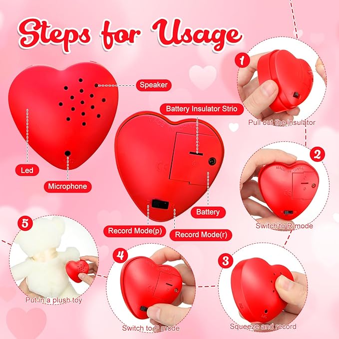 Copkim 3 Pcs 20 Seconds Valentine's Voice Recorder for Stuffed Animal Heart Shape Sound Recorder Push Button Recordable Device Sound Module for Gift Recording Voice Message (Red, White,Pink)