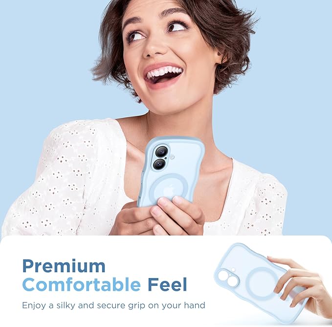 CAPRARO Magnetic for iPhone 17 Case for Women Girls, Upgraded [Full Camera Protection] [Compatible with MagSafe] Cute Wave Translucent Matte Phone Case for iPhone 17, Light Blue