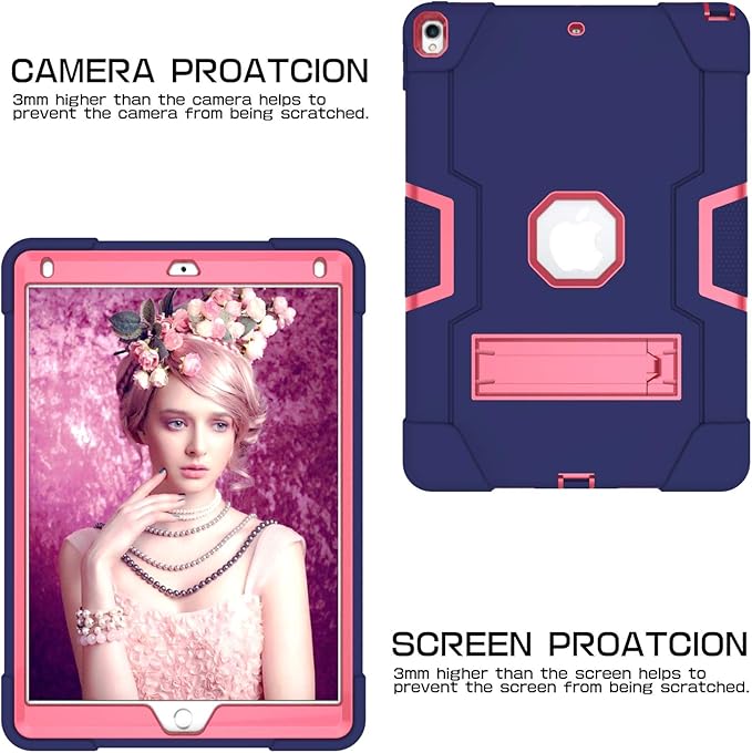 3 in 1 Hybrid Case for iPad Air 3 10.5" & iPad Pro 10.5" - Heavy Duty Rugged Stand, Shockproof, Anti-Slip, Anti-Scratch, Blue/Rose Red