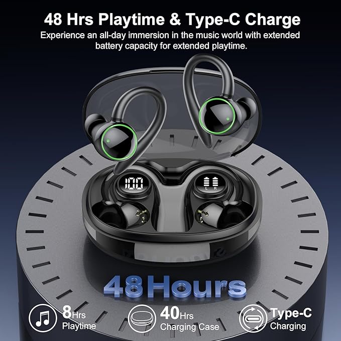 Wireless Earbuds, Bluetooth 5.4 Headphones Sport, Over Ear Buds With ENC Noise Cancelling Mic, 48H, Wireless Earphone With Earhooks, Stereo Deep Bass, IP7 Waterproof Headset for Workout, Black