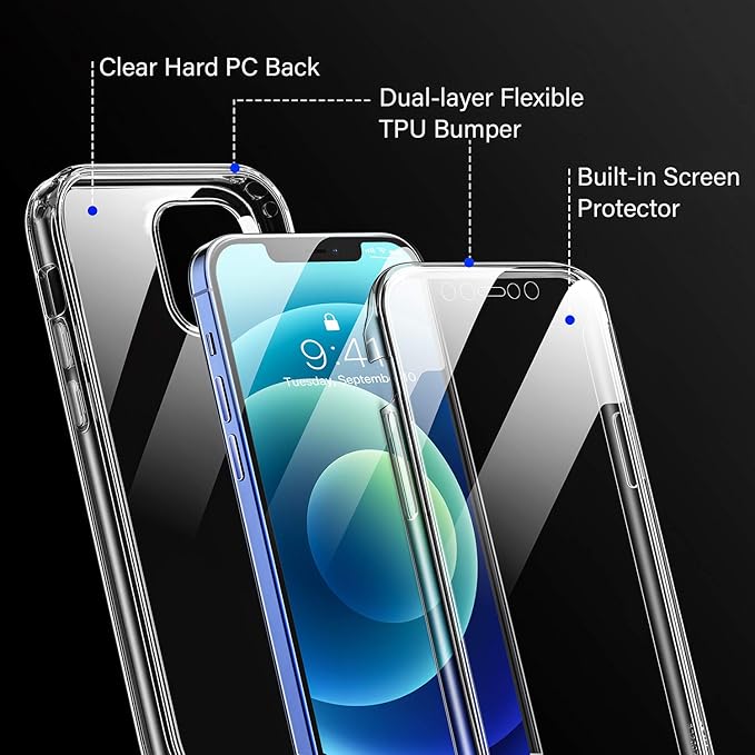Diaclara Designed for iPhone 12 Mini Case, Full Body Rugged with Built-in Touch Sensitive Anti-Scratch Screen Protector, Soft TPU Bumper Case for iPhone 12 Mini 5.4" (Clear)