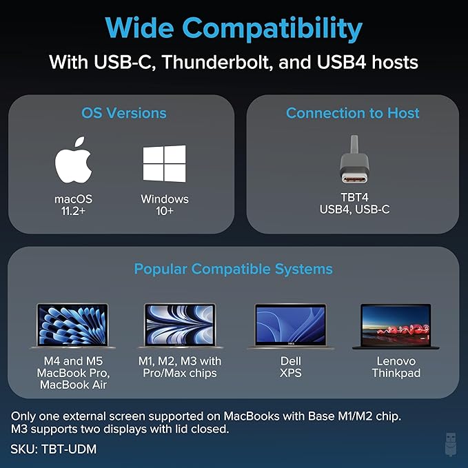 Plugable Thunderbolt 4 Dock for M4/M5 MacBook Air & Pro: 100W Charging Driverless Laptop Docking Station with 4K HDMI Dual Monitor or Single 6K, 6X USB, SD, Ethernet, Thunderbolt Certified (TBT-UDM)