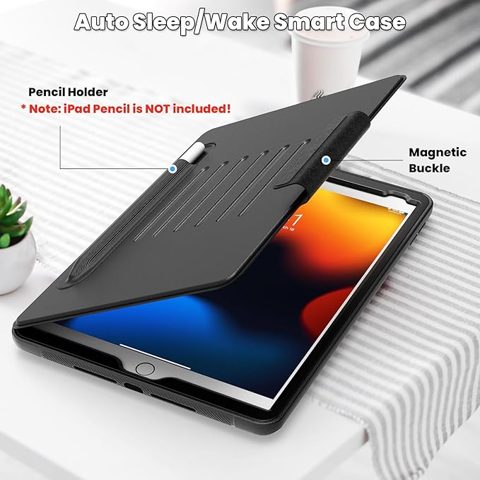 SEYMAC stock Case for iPad 9th/8th/7th Generation 10.2'', Strong Magnetic Auto Sleep Shockproof Case with Absorbing Multi-Angles Stand, Pen Holder, Card Slot (Black)