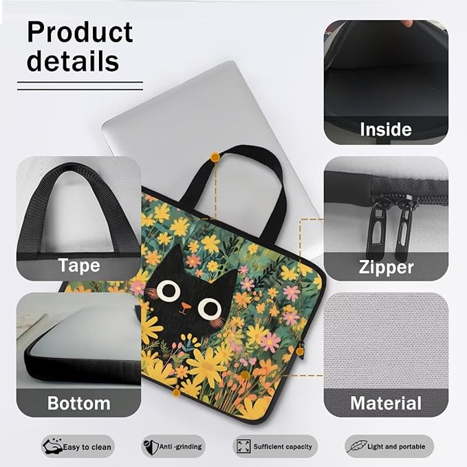 12 Inch Black Cat Flowers Laptop Sleeve Case, Sturdy Computer Bag Tablet Carrying Case with Handle, Tote Bags for Work/School/Travel, Large Capacity Notebook Messenger Briefcase