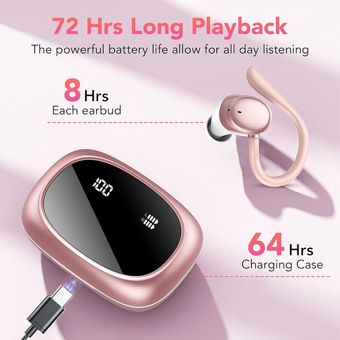 KT1 Bluetooth Headphones Wireless Earbuds 72hrs Playtime Wireless Charging Case Digital Display, Ear Buds with Earhook,IPX7 Waterproof, Deep Bass 2.0,Over-Ear Earphones for Sport Running