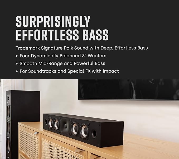 Polk Monitor XT35 Slim Center Channel Speaker - Hi-Res Audio Certified, Dolby Atmos & DTS:X Compatible, 1" Terylene Tweeter & Four 3" Dynamically Balanced Woofers, Wall-Mountable, Midnight Black