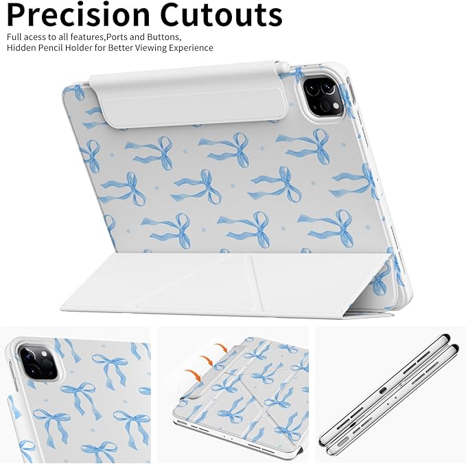for iPad Air 13-inch Case M4/M3/M2 (2026/2025/2024), iPad Pro 12.9” 6th/5th/4th/3rd Generation Case, Origami Trifold Multi-Angle Stand, Magnetic Flap, Full-Protective Cover, Blue Bows