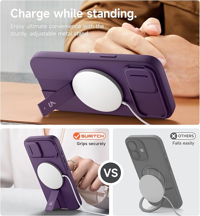SURITCH for iPhone 17e/16e Case with Magnetic Camera Slide Cover and Adjustable Kickstand, Compatible with MagSafe, Shockproof Bumper Case Slim Protective Cover 6.1 Inch,Dark Purple