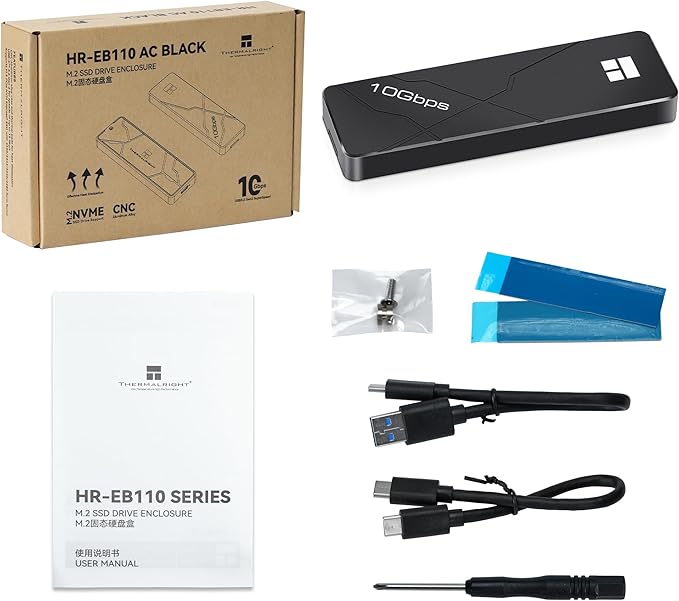Thermalright M.2 NVMe SSD Enclosure, HR-EB110 AC Black, USB3.2 Gen2 10Gbps USB-C External SSD Case, CNC Aluminum Housing, Supports PCIe 2230 2242 2260 2280, Up to 8TB