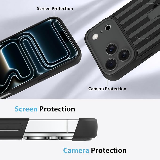 KANGHAR Compatible with iPhone 17 Pro Max Case, Support for MagSafe, Silicone Stripes Cute Pattern, Wristband Kickstand Camera Protection Soft Slim Cover for Girls Women -Black