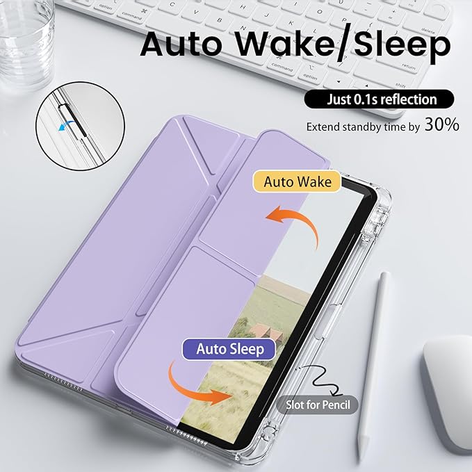 Clear Case for iPad mini 7 A17 Pro 8.3 Inch, iPad mini 7th/6th Generation Case (2024/2021),Slim Shockproof Transparent Back,Y-Shaped Mutil Angles Folding,Supports Pencil Pro&USB-C (Purple)