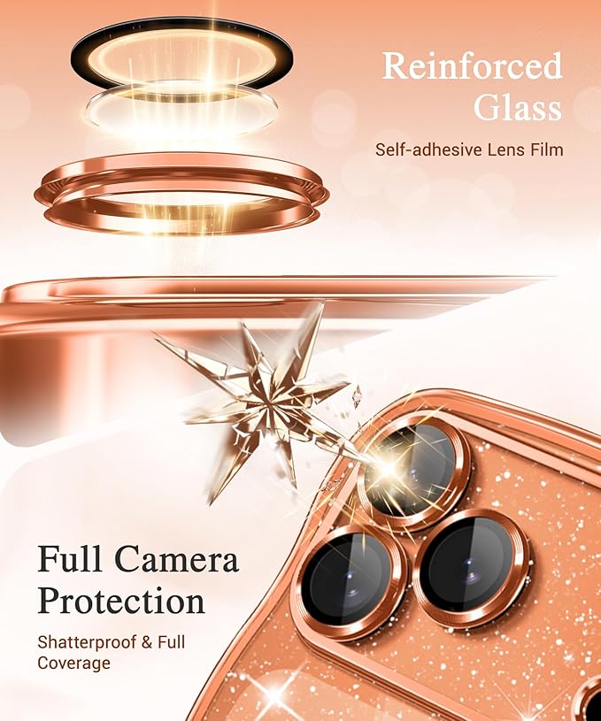 GVIEWIN for iPhone 17 Pro Case Compatible with MagSafe, Upgraded [Full Camera Protection][Cute Wave Frame][Military Grade Protection] Electroplated Hard Phone Cover for Women Girl, Glitter/Orange