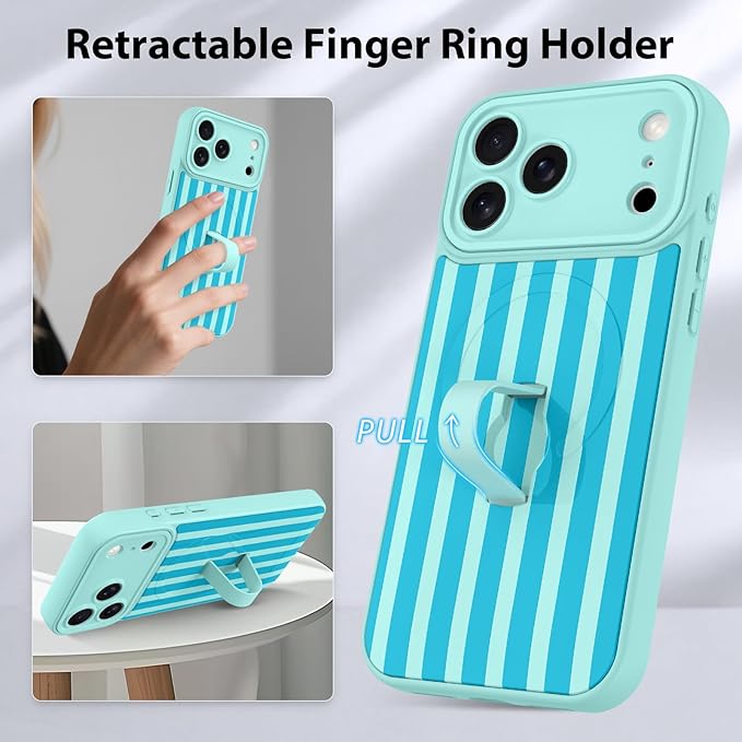 KANGHAR Compatible with iPhone 17 Pro Case, Support for MagSafe, Silicone Stripes Cute Pattern, Wristband Kickstand Camera Protection Soft Slim Cover for Girls Women -Blue