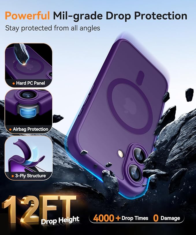 CANSHN Magnetic for iPhone 16 Plus Case, Upgraded [Full Camera Protection] [Compatible with Magsafe] [Translucent Matte] Shockproof Protective Phone Case for iPhone 16 Plus - Deep Purple