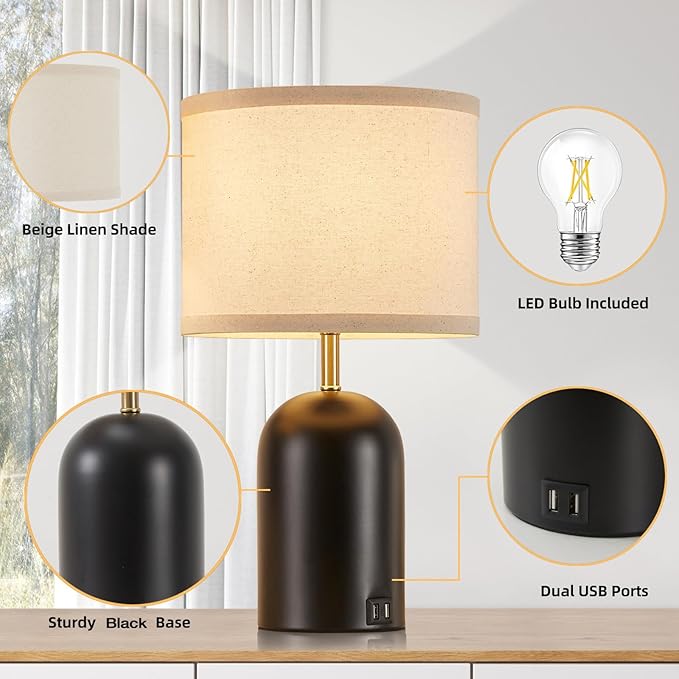 GyroVu Touch Control Table Lamps Set of 2, Modern Bedside Lamp with 2 USB Ports, Dimmable Gold and Black Nightstand Lamp with Fabric Shade for Living Room Bedroom Office Dorm(LED Bulbs Included)