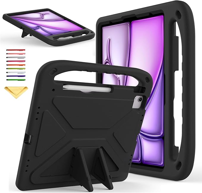 Kids Case for iPad Pro 12.9 inch Cover 6th/5th/4th/3rd Gen (2022/2021/2020/2018) with Kickstand/Handle/Stylus Pencil Holder Soft EVA Heavy Duty Shockproof Stand Girl Boy Cover, Black
