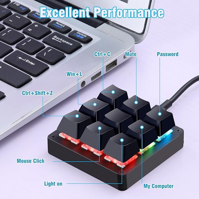 Koolertron One Handed Macro Mechanical Keyboard,Blue LED Backlit Portable Mini One-Handed Mechanical Gaming Keypad OSU! Keyboard 9 Fully Programmable Keys (9 Keys/Black/Pink LED)