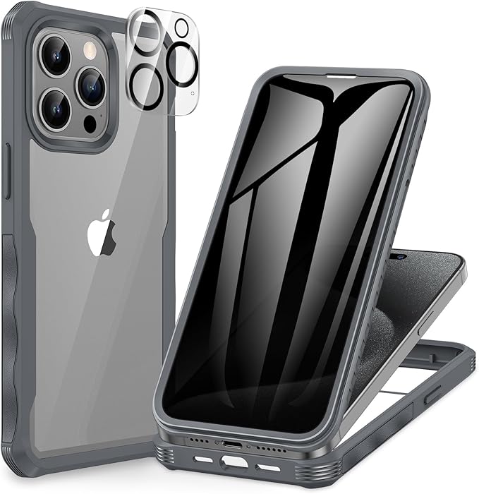 CENHUFO Privacy for iPhone 15 Pro Max Case, Full Body Phone Case with Built-in 9H Tempered Glass Privacy Screen Protector and Camera Lens Protector, Anti Peep Shockproof Bumper Clear Cover - Grey