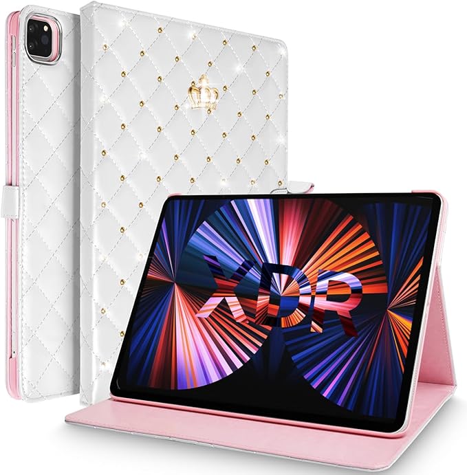 Changjia for iPad Pro 11 inch Case 2022(4th Gen)/2021(3rd Gen)/2020(2nd Gen)/2018 (1st Gen), Cute Crown Bling Diamond PU Leather Smart Auto Sleep/Wake Stand Shockproof Cover for iPad Pro 11 Inch,White
